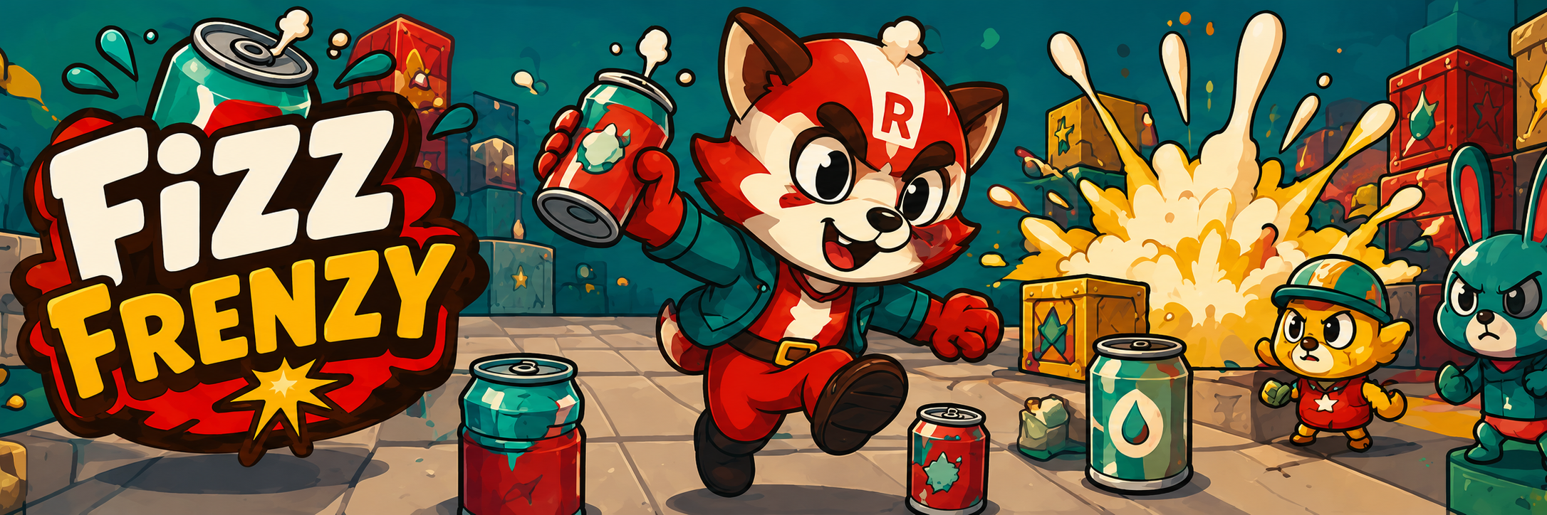 Fizz Frenzy key art — Rax the raccoon hurls a shaken soda can while foam bursts behind the other Chuggers