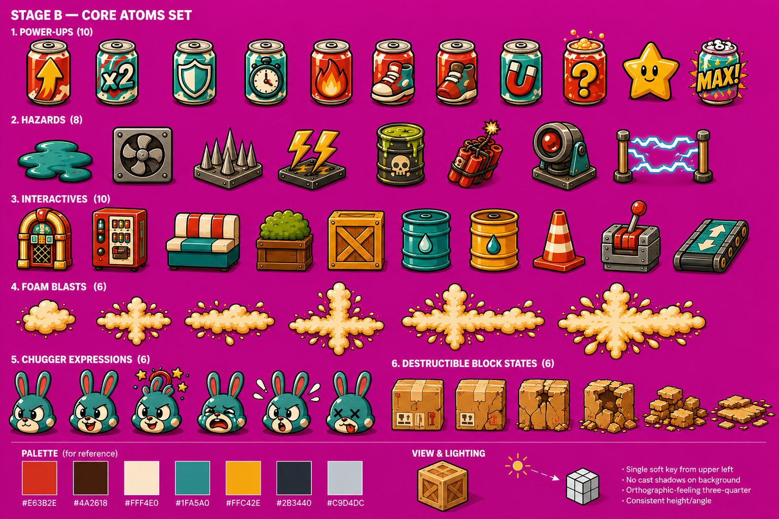Fizz Frenzy core atoms sprite sheet — power-up cans, hazards, interactives, foam blasts, Chugger expressions and destructible block states